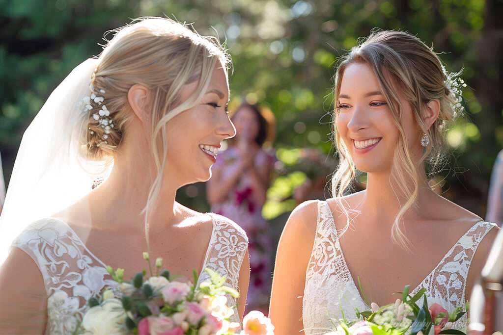 Zwei Frauen feiern ihre Hochzeit auf Rügen. Das Paar blickt sich voller Freude und Verbundenheit an, beide mit Brautsträußen. Mazelle Photography Fotostudio® hält diesen emotionalen Moment authentisch und professionell fest – eine Hochzeitsfotografie, die über Rügen hinaus internationale Paare aus Polen und Europa anspricht.